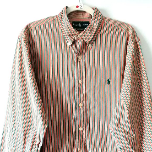 Ralph Lauren Mens Pink Collared High Low Striped Button Down Shirt Size L - Picture 2 of 7